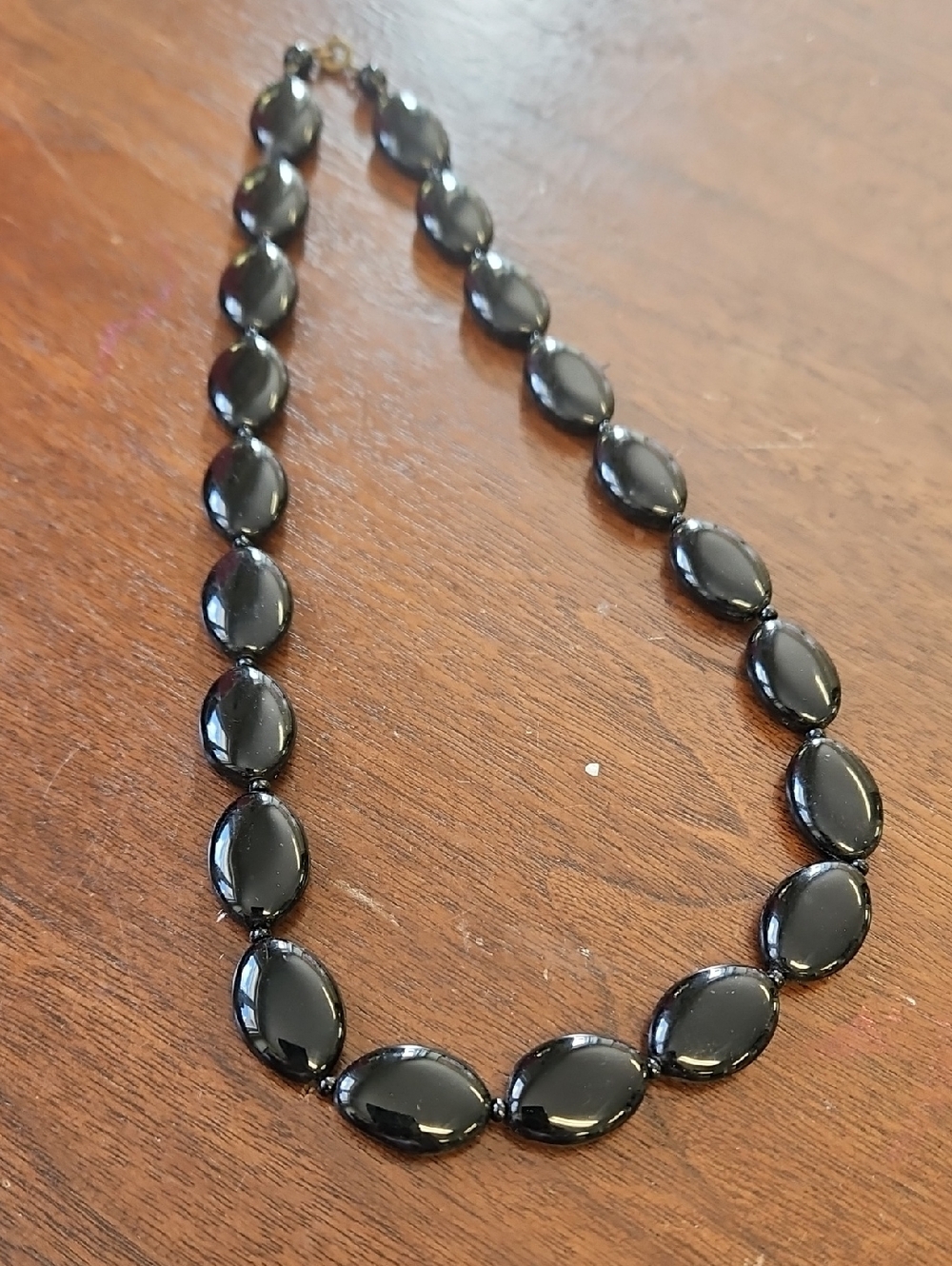 Vintage Black Oval Polished Stone Bead Necklace - 19.5 Inches